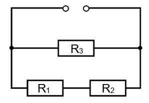 Schaltbild: Widerstand R3 parallel zur Serienschaltung von R1 und R2, zwei Anschlussklemmen oben.